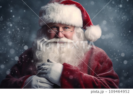 A santa claus, saint nicholas close up photo, red and white, night photo with snowfall, joy and happiness postcard 109464952