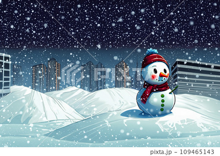 雪降る晩の街角の雪だるまのイラスト 109465143