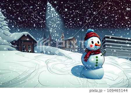雪降る晩の街角の雪だるまのイラスト 雪降る晩の街角の雪だるまのイラスト 109465144
