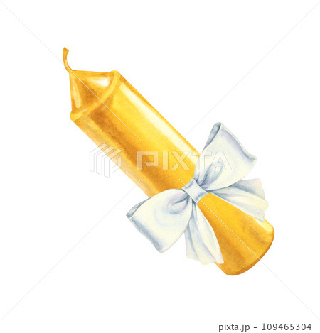 Watercolor yellow candles with white bow for illustrations for Christmas, Candlemas, wedding, birthday, Easter, magic, memorial day, spa and relaxation for invitations, cards, social posts, banner 109465304