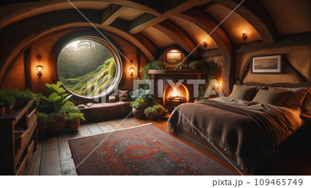 ホビットハウスの寝室からの眺め。 外は雨降り。 AI生成画像 ホビットハウスの寝室からの眺め。 外は雨降り。 AI生成画像 109465749