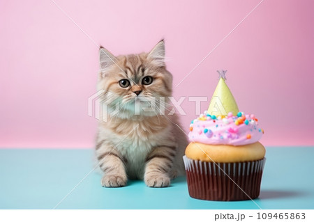 Cat in birthday hat blows out the candles on the cake. Generative AI Cat in birthday hat blows out the candles on the cake. Generative AI 109465863