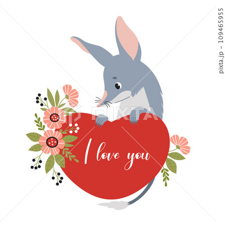 Cute bilby with heart and flowers. Australian animal. Valentine greeting card I love you. Vector illustration in flat cartoon style Cute bilby with heart and flowers. Australian animal. Valentine greeting card I love you. Vector illustration in flat cartoon style 109465955