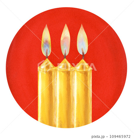 Watercolor candles with flame and light for illustrations for Christmas, Candlemas, wedding, birthday, Easter, magic, memorial day, spa and relaxation for invitations, cards, social posts, banner 109465972