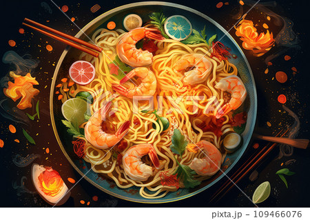 Generative AI Stir fry noodles with vegetables and shrimps in black bowl illustration. AI Generated. 109466076
