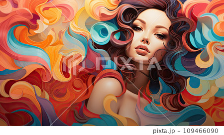 Portrait featuring a woman adorned with colorful washes and flowing lines. The sun-kissed palette and nature-based pattern create a captivating visual experience. AI Generated. Fictional person. 109466090