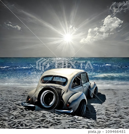 Cute retro car on a beach at beautiful sunset Cute retro car on a beach at beautiful sunset 109466481