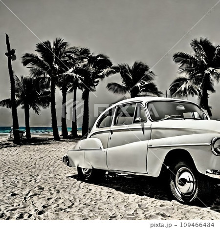 Cute retro car on a beach at beautiful sunset Cute retro car on a beach at beautiful sunset 109466484