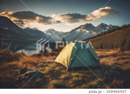 Camping in a beautiful natural landscape on a sunny evening Camping in a beautiful natural landscape on a sunny evening 109466487