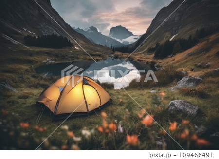 Camping in a beautiful natural landscape on a sunny evening Camping in a beautiful natural landscape on a sunny evening 109466491