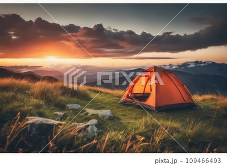 Camping in a beautiful natural landscape on a sunny evening 109466493