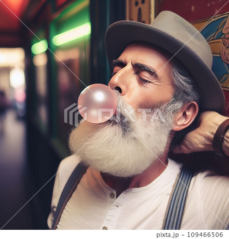 elderly man blows a pink bubble gum 109466506
