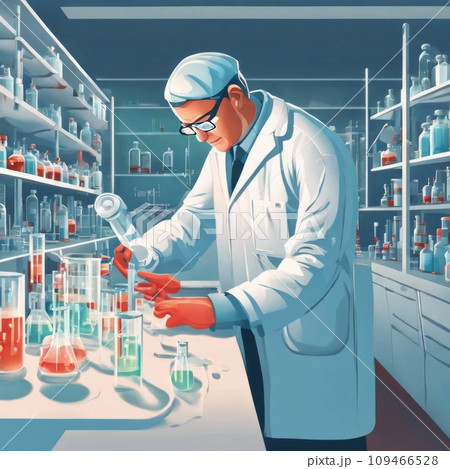 scientist in laboratory working with flasks and test tubes scientist in laboratory working with flasks and test tubes 109466528
