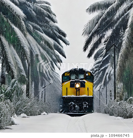 the train travels along snow-covered sand with palm trees 109466745