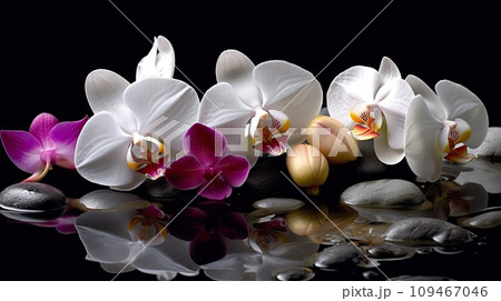 Orchids in Water, Round Stones for SPA Salon, Relaxation, Orchid Flowers and Pebbles 109467046