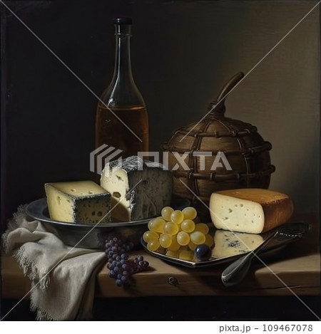 Food Still Life with Cheese, Vintage Dinner Composition, Old Cheese Still Life, Parmesan 109467078