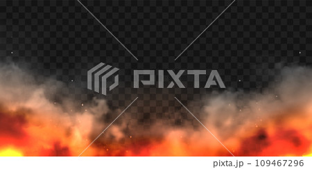 Realistic smoke clouds and fire. Flame blast, explosion. Stream of smoke from burning objects. Forest fires. Transparent fog effect. White steam, mist. Vector design element. Realistic smoke clouds and fire. Flame blast, explosion. Stream of smoke from burning objects. Forest fires. Transparent fog effect. White steam, mist. Vector design element. 109467296