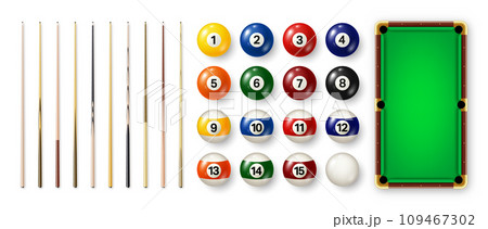 Billiard balls with numbers, various cues and green pool table. Glossy snooker ball. Sports equipment, recreation and hobby, competitive game. Vector illustration Billiard balls with numbers, various cues and green pool table. Glossy snooker ball. Sports equipment, recreation and hobby, competitive game. Vector illustration 109467302