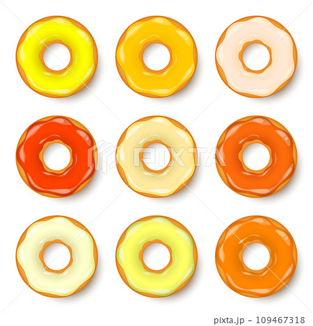 Donut, begel with cream. Cookies,cookie cake set. Sweet dessert with sugar and caramel. Tasty breakfast cooking. Cafateria food, snack. Coffee shop.Vector illustration. 109467318
