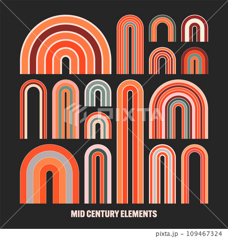 Mid century arch elements, modern geometric shapes, rainbow. Contemporary design, minimalist art. Trendy design elements for wall decor, posters, books, covers and flyers. Vector illustration Mid century arch elements, modern geometric shapes, rainbow. Contemporary design, minimalist art. Trendy design elements for wall decor, posters, books, covers and flyers. Vector illustration 109467324