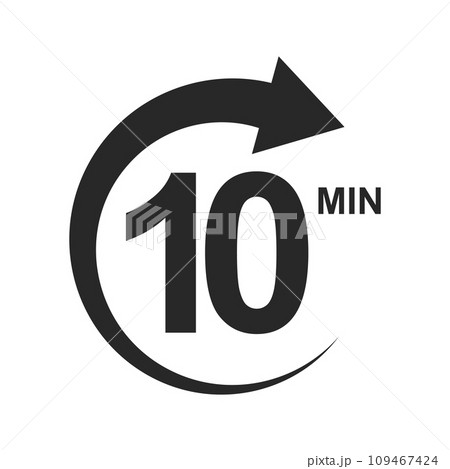 Ten minutes icon with circle arrow. Stopwatch symbol. 10 min countdawn sign. Sport or cooking timer isolated on white background. Delivery, deadline, duration pictogram 109467424