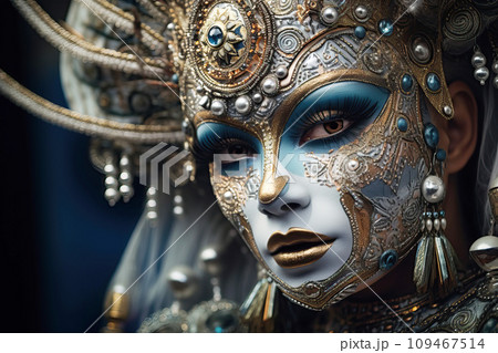 Close-up shot of a carnival performer wearing an intricate and ornate costume Close-up shot of a carnival performer wearing an intricate and ornate costume 109467514