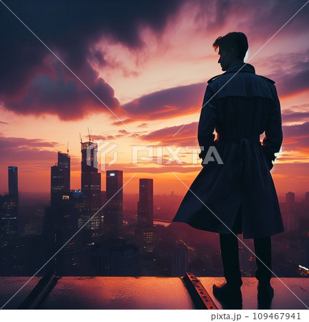 silhouette of a man standing on the roof of a skyscraper overlooking the city at dusk time 109467941