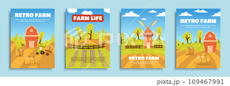 Retro farm cover brochure set in flat design. Poster templates with wooden barns and mills, tractors by haystacks, fields, farmland plantations, gardening and agronomy business. Vector illustration Retro farm cover brochure set in flat design. Poster templates with wooden barns and mills, tractors by haystacks, fields, farmland plantations, gardening and agronomy business. Vector illustration 109467991