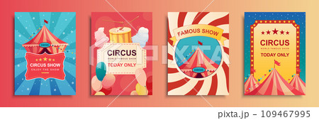 Circus show cover brochure set in flat design. Poster templates with striped tent for acrobat, clown or magician art performances, balloons, cotton candy, carnival tickets. Vector illustration. 109467995