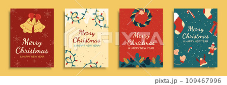 Merry Christmas 2024 cover brochure set in flat design. Poster templates with bells with bow, garland lights, wreath with pine cones and xmas decor, festive, socks and candies. Vector illustration. 109467996