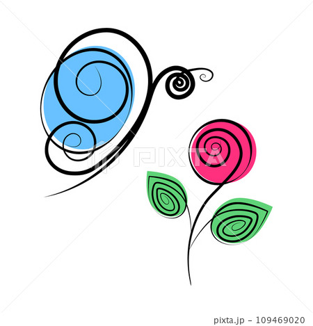 Stylized rose and butterfly with spots in trendy marker shades. Spring greeting card design concept Stylized rose and butterfly with spots in trendy marker shades. Spring greeting card design concept 109469020