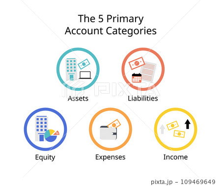 The 5 primary account categories are assets, liabilities, equity, expenses, and income or revenue The 5 primary account categories are assets, liabilities, equity, expenses, and income or revenue 109469649