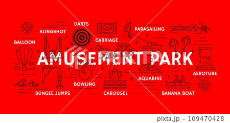 Line amusement park banner with funfair carnival rides and attractions, vector background. Amusement park bungee jumps, banana boat and darts game, parasailing and bowling or aquabike entertainment 109470428