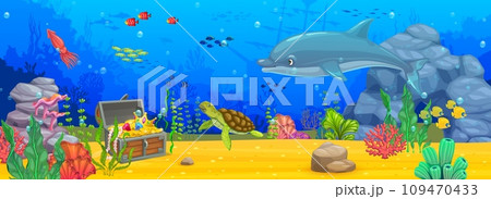 Underwater ocean landscape banner with cartoon dolphin, turtle and treasure chest, vector background. Caribbean undersea coral reef with sunken ship and sea animals, squid and seashell in underwater Underwater ocean landscape banner with cartoon dolphin, turtle and treasure chest, vector background. Caribbean undersea coral reef with sunken ship and sea animals, squid and seashell in underwater 109470433