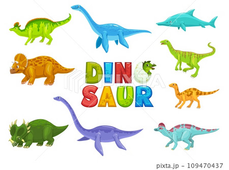 Cartoon dinosaurs animals funny characters. Paleontology extinct reptiles mascots. Ichthyosaurus, Plesiosaurus, Raptor and Plateosaurus, Jaxartosaurus, Triceratops dinosaurs vector comical personages Cartoon dinosaurs animals funny characters. Paleontology extinct reptiles mascots. Ichthyosaurus, Plesiosaurus, Raptor and Plateosaurus, Jaxartosaurus, Triceratops dinosaurs vector comical personages 109470437
