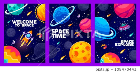 Cartoon space landscape posters of alien galaxy planets, rocket and UFO, vector astronomy science and outer space travel. Alien spaceships on starry sky background, fire asteroids, comets and stars 109470443