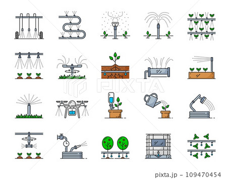 Drip water irrigation system icons. Garden and farm field sprinkler, irrigate technology. Garden, field and greenhouse plant drip watering, agriculture aquaponics thin line vector pictograms set Drip water irrigation system icons. Garden and farm field sprinkler, irrigate technology. Garden, field and greenhouse plant drip watering, agriculture aquaponics thin line vector pictograms set 109470454