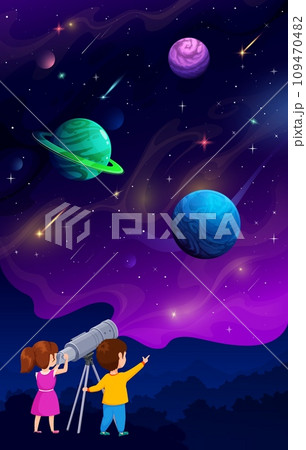 Boy and girl kids looking through telescope at night sky and space planets, vector starry galaxy. Planetary education and school astronomy science background with space planets in galactic sky 109470482