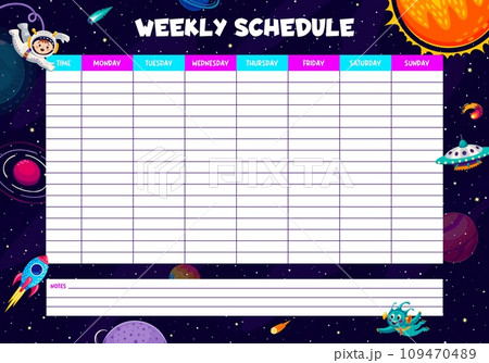 Education timetable schedule with astronaut and alien UFO in starry galaxy space, vector school planner. Kid spaceman, rocket spaceship and galaxy planets on classes timetable or week lessons schedule Education timetable schedule with astronaut and alien UFO in starry galaxy space, vector school planner. Kid spaceman, rocket spaceship and galaxy planets on classes timetable or week lessons schedule 109470489