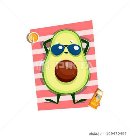 Cartoon kawaii mexican avocado character on summer beach. Isolated vector tropical fruit personage tanning on mat with sunscreen protection and fresh juice at summertime vacation on seaside or pool Cartoon kawaii mexican avocado character on summer beach. Isolated vector tropical fruit personage tanning on mat with sunscreen protection and fresh juice at summertime vacation on seaside or pool 109470495