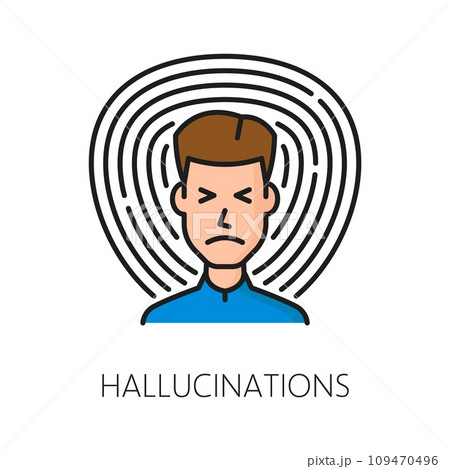 Hallucinations psychological disorder problem, mental health isolated vector linear icon represents person with altered perceptions, portrayed with distorted images or surreal elements 109470496