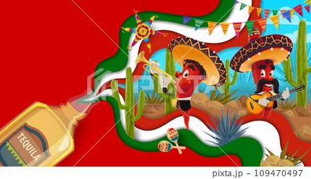 Tequila paper cut banner with blue agave, chili peppers, cactus and pinata for Mexican fiesta holiday, vector background. Funny chili pepper characters as mariachi musicians in sombrero with guitar Tequila paper cut banner with blue agave, chili peppers, cactus and pinata for Mexican fiesta holiday, vector background. Funny chili pepper characters as mariachi musicians in sombrero with guitar 109470497