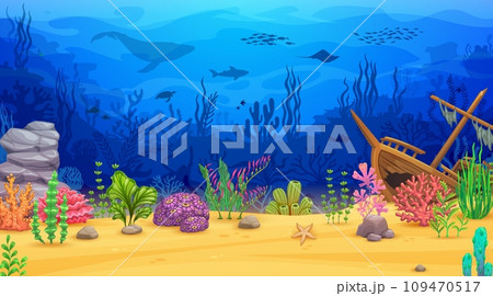 Cartoon sunken ship, animal silhouettes and seaweeds on underwater landscape vector background. Ocean under water bottom of tropical coral reef, fish shoal, shark, sea turtle and algae, game backdrop Cartoon sunken ship, animal silhouettes and seaweeds on underwater landscape vector background. Ocean under water bottom of tropical coral reef, fish shoal, shark, sea turtle and algae, game backdrop 109470517