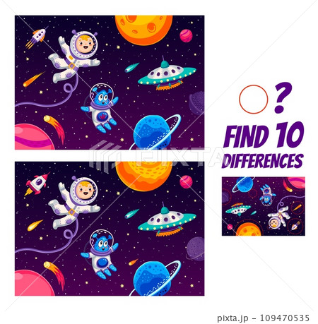 Find ten differences on space landscape. Astronaut and alien in outer space kids game vector worksheet. Matching puzzle quiz of cartoon space planets, rocket spaceship, UFO, spacemen and stars 109470535