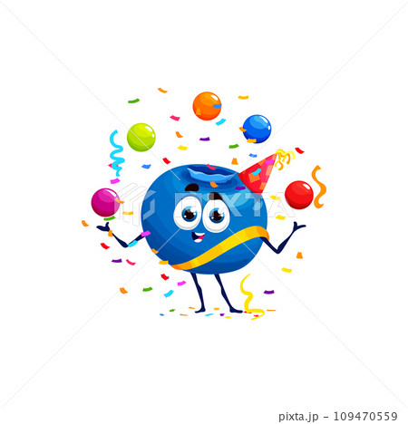 Cartoon blueberry character on birthday holiday, vector funny berry with balloons. Cute blueberry at birthday party celebration juggling balls with confetti in birthday cap and ribbon 109470559