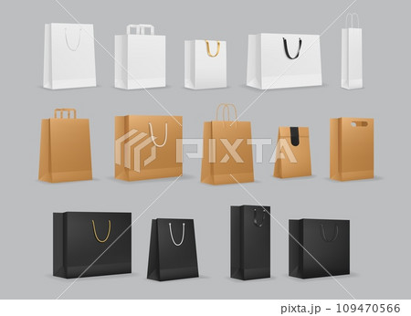 Paper shopping bags with handles vector mockups. Store cardboard package, boutique sale or shop discount purchase luxury white, brown and black packets with ribbon handles 3d realistic vector mockup 109470566