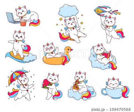 Cute cartoon caticorn characters, funny cat unicorn with rainbow, vector happy kitty. Caticorn kitten baby on magic cloud, with rainbow umbrella and dream sleeping in cup or with heart sunglasses Cute cartoon caticorn characters, funny cat unicorn with rainbow, vector happy kitty. Caticorn kitten baby on magic cloud, with rainbow umbrella and dream sleeping in cup or with heart sunglasses 109470568