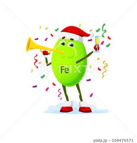 Cartoon mineral Iron or Fe pill character with Christmas trumpet, vector winter holiday personage. Funny mineral Iron or micronutrient in Santa hat and champagne glass cheers for Christmas party Cartoon mineral Iron or Fe pill character with Christmas trumpet, vector winter holiday personage. Funny mineral Iron or micronutrient in Santa hat and champagne glass cheers for Christmas party 109470571