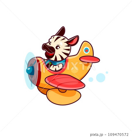 Cartoon cute zebra animal character on plane or airplane pilot, kid vector funny zoo personage. Happy smiling zebra aviator or pilot flying on toy airplane for kids mascot or print for child t-shirt Cartoon cute zebra animal character on plane or airplane pilot, kid vector funny zoo personage. Happy smiling zebra aviator or pilot flying on toy airplane for kids mascot or print for child t-shirt 109470572