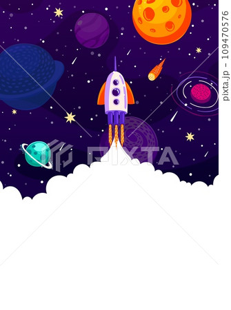 Rocket launch, business fast start up poster for startup project, vector background. Spaceship shuttle launch into space sky to galaxy planets, cartoon poster for business start up or company strategy Rocket launch, business fast start up poster for startup project, vector background. Spaceship shuttle launch into space sky to galaxy planets, cartoon poster for business start up or company strategy 109470576